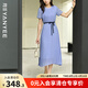 顏域短袖收腰連衣裙女2025夏季新款氣質(zhì)過膝法式短袖百褶長款裙子 藍(lán)色 L