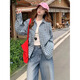 樂卡利襯衫女長袖藍色格子polo領韓版復古防曬外套寬松襯衣慵懶開衫上衣 韓系藍格紋字母襯衫 L 110斤以內