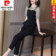 皮爾卡丹（pierre cardin）新款大碼小香風(fēng)套裝女25夏季修身顯瘦時(shí)尚雪紡衫褲子休閑兩件套女 黑色拼接灰色【套裝】 XL 110-125斤