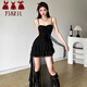 萬(wàn)欣兒純欲辣妹設計感荷葉邊拼接氣質(zhì)吊帶連衣裙顯瘦修身時(shí)尚不規則短裙 黑色 均碼