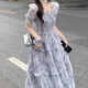 妙奕嘉法式碎花連衣裙女2025夏季新款溫柔風(fēng)裙子純欲長裙顯瘦海邊沙灘裙 方領(lǐng)收腰木耳邊長裙【水墨藍(lán)】 XL