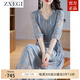 ZXEGI高檔真絲連衣裙桑蠶絲100%蠶絲中年女士夏季收腰顯瘦刺繡高端裙子 藍(lán)色 L