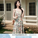香影法式碎花吊帶連衣裙女2025夏季新款油畫(huà)印花v領(lǐng)雪紡沙灘裙子 果綠 M