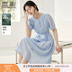 香影藍(lán)色天絲連衣裙女2025夏季新款萊賽爾收腰系帶圓領(lǐng)泡泡袖裙子 藍(lán)色 M 160/84A/95-110斤