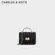 CHARLES&KEITH25秋季新品菱格鏈條手提斜挎包小方包包女包七夕禮物CK2-50701608 Black Tweed黑色/白色 S
