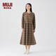 無印良品（MUJI）女式法蘭絨抽褶連衣裙女裝裙子長袖秋冬季打底裙純棉BC08CC4A 淺米色格紋 S (155/80A)