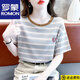 羅蒙（ROMON）夏季條紋純棉正肩短袖女t恤歐貨上衣2025年新款寬松通勤女裝體恤 咖色 L (建議105-125斤)
