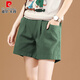 皮爾卡丹夏季麻棉薄款短褲女2026新款純色高腰四分褲休閑大碼寬松闊腿褲子 綠色 (麻棉短褲) L 建議100-115斤