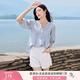 香影【王楚然明星同款】白色娃娃衫上衣女夏含亞麻小衫淡人薄v領(lǐng)襯衫 藍色 L 165/88A/110-125斤