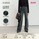 AMII2024冬新款休閑丹寧風復古洗水植絨加絨牛仔褲女長褲直筒褲子 深牛仔藍 165/72A/L