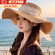JIOESC遮陽草帽女新款大蝴蝶結(jié)時尚氣質(zhì)大帽檐太陽帽防曬帽子手工防風(fēng) 【卡其色】大帽檐珍珠蕾絲系繩