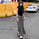 DGOV新款垂墜感長裙到腳踝半身裙休閑高腰顯瘦套裝裙過膝長款女裙子夏 黑色上衣+灰色裙子 兩件套 S 推薦85斤內(nèi)