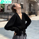 DGOVv領(lǐng)開衫毛衣女2025年新款秋季韓版設(shè)計感長袖針織衫女上衣外套女 黑色 S 建議75-90斤