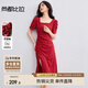 尚都比拉法式連衣裙女夏季方領(lǐng)堆堆袖情人節(jié)禮物浪漫波點(diǎn)抽褶開叉A字裙