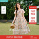 茵曼萊賽爾甜美碎花V領(lǐng)連衣裙2025夏季女裝寬松短袖裙子 水墨紅花  S