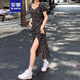 羅蒙（ROMON）黑色碎花連衣裙子女夏季2025新款氣質(zhì)減齡茶歇法式赫本風(fēng)開叉長裙 圖片色 M -100-110斤