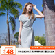 百圖betu女裝2025夏季新款連衣裙時髦連肩袖系帶收腰開叉裙子2503D05 淺灰 L