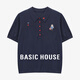 Basic House/百家好卡通刺繡翻領(lǐng)短袖針織衫女百搭顯瘦polo衫上衣 藏青色 M