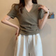 京多夢純欲風(fēng)V領(lǐng)短袖t恤女夏季設(shè)計(jì)感小眾褶皺交叉別致顯瘦上衣女T恤 橄欖綠 L (100-115斤）