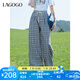 lagogo經(jīng)典格子休閑褲女拉谷谷2025年夏季新款編織腰帶直筒闊腿褲 混色 M