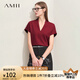 AMII2025夏季新款氣質(zhì)V領(lǐng)連肩短袖純色直筒60支彈力羅馬布上衣 波爾多紅 L