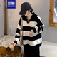 羅蒙（ROMON）慵懶風(fēng)條紋翻領(lǐng)毛衣女秋冬2025年新款韓版寬松外穿套頭針織衫上衣 黑色 L -90-115斤
