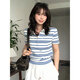 高級感條紋翻領(lǐng)短袖t恤女夏季新款修身顯瘦美式復古正肩上衣潮流 條紋 M