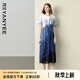 顏域不規(guī)則印花連衣裙女2025夏季新款高腰顯瘦過膝雪紡收腰長裙子 藍(lán)花 L
