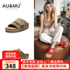 AU&MU2025夏季新款軟木厚底勃肯鞋增高外穿女鞋復(fù)古牛皮涼拖鞋男大碼 灰色【真皮】【軟木升級(jí)款】 2061 37