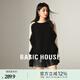 Basic House/百家好圓領(lǐng)黑白撞色毛衣女春秋新款百搭針織衫上衣 黑色 M 90-120斤