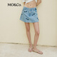 MO&Co.蝴蝶結洗水印花土耳其棉牛仔裙褲短褲美式復古褲子女摩安珂 牛仔藍色-第2批 L 28