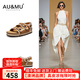 AU&MU【格?；ā?5夏季新款真皮透氣涼鞋上班百搭涼拖鞋軟木厚底勃肯鞋 栗色【頭層牛皮 軟木升級(jí)】 2080 37