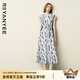 顏域V領(lǐng)收腰連衣裙女2025夏季新款寬松復(fù)古輕熟風(fēng)開(kāi)叉純棉長(zhǎng)裙子 灰花 XL