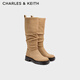 CHARLES&KEITH復古騎士靴堆堆靴平底長(cháng)靴生日禮物CK1-90360408 Camel駝色 35