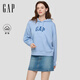 GAP女裝2025秋季新款logo貼布繡抓絨寬松套頭連帽衫衛衣 淡藍色 S (160/84A)亞洲尺碼【偏大,建議拍小一碼】