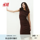 H&M女裝背心吊帶連衣裙2025夏季通勤修身一字肩垂褶緊身裙1283258 深棕色 M 165/96
