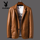 花花公子（PLAYBOY）西裝男士春秋冬季新款商務(wù)休閑中年爸爸裝男外套夾克皮西服大碼 土黃色小西服皮衣 薄款 3XL 165-185斤