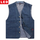 LED新中式男士馬甲純棉牛仔背心工裝多袋牛仔坎肩爸爸中國風(fēng)牛仔馬夾 牛仔藍 XL 建議140-155斤