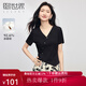 熙世界sllsky不規(guī)則開叉黑色T恤短袖2025夏新款設(shè)計(jì)感修身正肩V領(lǐng)上衣 高雅黑 2XL