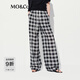 MO&Co.休閑褲2025夏新品天絲綿羊毛抽繩高腰黑白格紋闊腿褲MBE2PAT047 黑白格色 M /165