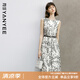 顏域水墨印花連衣裙女2024新款夏裝復(fù)古優(yōu)雅背心裙中長款圓領(lǐng)裙子 黑白花 M/38