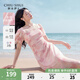 秋水伊人暈染印花方領連衣裙2025年夏季新款女休閑簡約顯瘦中長裙 粉紅 L