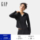 GAP女裝2025春季新款logo彈力羅紋拉鏈連帽長袖T恤常規(guī)上衣729465