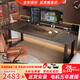 鵬景雅居雙人電腦桌四立柱升降桌電競(jìng)桌家用電動(dòng)升降電腦桌臺(tái)式辦公桌TL88 升級(jí)版 馬鞍皮/桌面排插 220*80cm桌面尺寸/包安裝