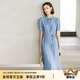 顏域新中式女裝連衣裙2024新款夏裝優(yōu)雅氣質(zhì)百褶裙短袖中長款裙子 藍色 M/38