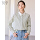 初申春秋長(cháng)袖襯衫女撞色翻領(lǐng)經(jīng)典條紋短款休閑通勤純棉襯衣S51S043