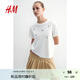 H&M女裝T恤秋季柔軟舒適簡約印花點(diǎn)綴圓領(lǐng)短袖上衣1257979 白色/蝴蝶結(jié)002 165/96