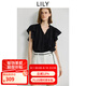 LILY2025夏新款女裝含亞麻法式重工鏤空蕾絲繡花V領休閑黑色襯衫 510黑 L