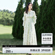 尚都比拉春秋度假風(fēng)碎花連衣裙系帶鏤空?qǐng)A領(lǐng)花邊袖子直筒裙子 淡綠色 M 