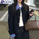 DGOV韓系假兩件拼接翻領(lǐng)小香風(fēng)外套女秋季新款寬松休閑短款夾克上衣女 藏藍色zt S 【95斤以內(nèi)】